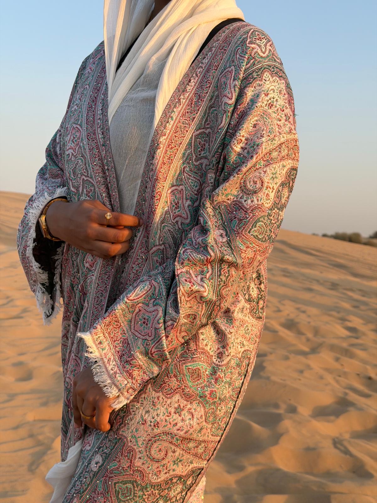 Pashmina Abaya Set - Embellished Stone Green & Pink