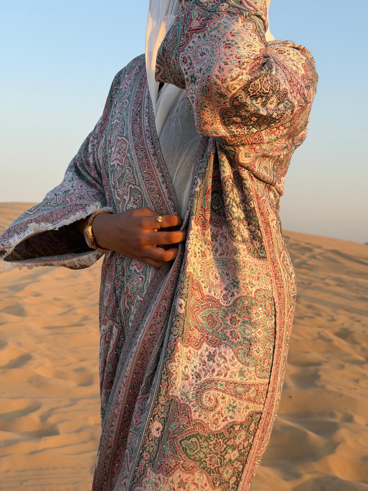 Pashmina Abaya Set - Embellished Stone Green & Pink